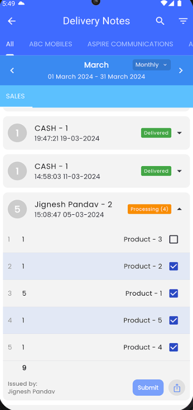iNVOICER mobile app showing delivery notes interface